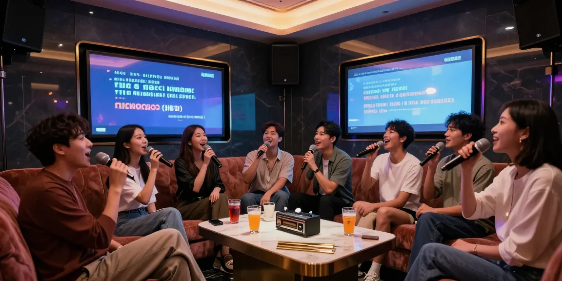 강남가라오케에서 친구들과 함께 즐거운 노래를 부르는 고급스러운 룸의 모습