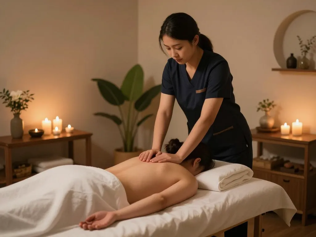 Enjoying a 출장마사지 session in a serene wellness environment with calming decor.