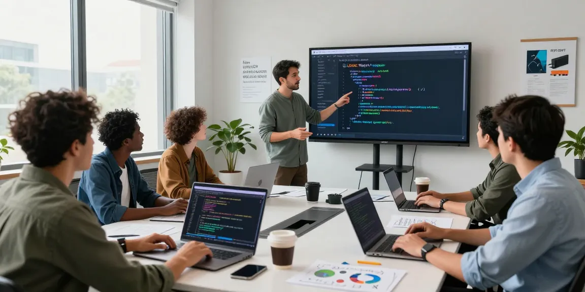 Developers collaborating on the USGIC Report software application in a modern office, showcasing a dynamic coding environment.