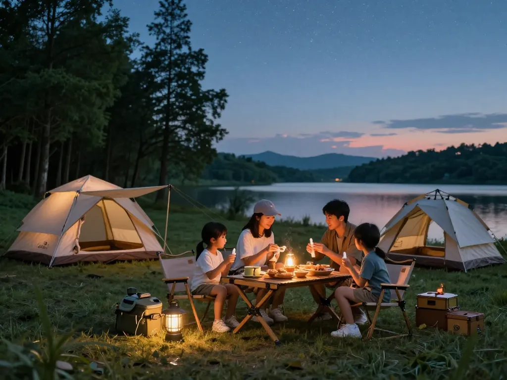 Family applying the Best Mosquito Repellent while enjoying a cozy outdoor camping meal.