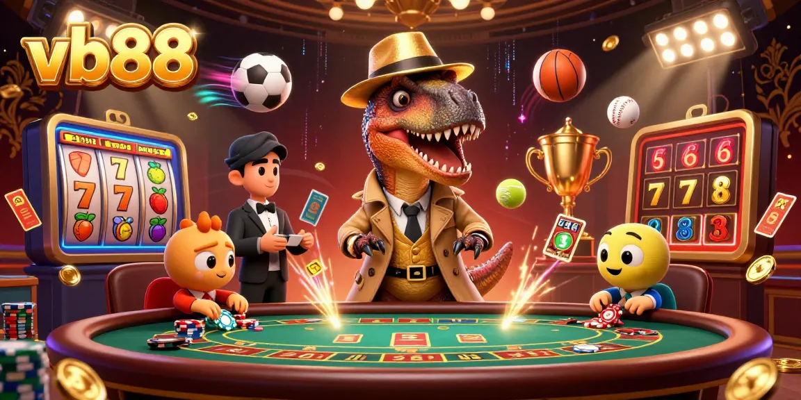 vb88 casino illustration featuring a velociraptor card counter at a blackjack table, showcasing vibrant gaming elements.