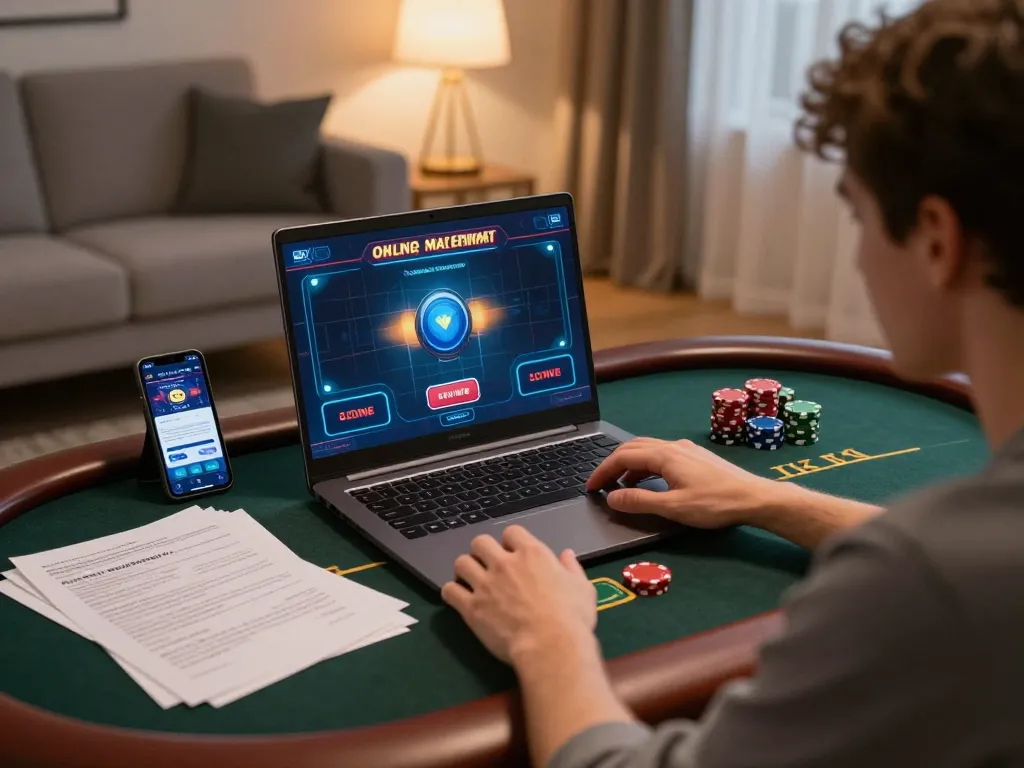 Person immersed in online poker at home, showcasing strategic notes and KKWIN app on their laptop