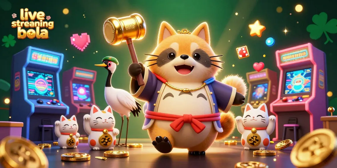 Enjoy live streaming bola with a colorful 3D art of a cheerful tanuki in a festive scene.