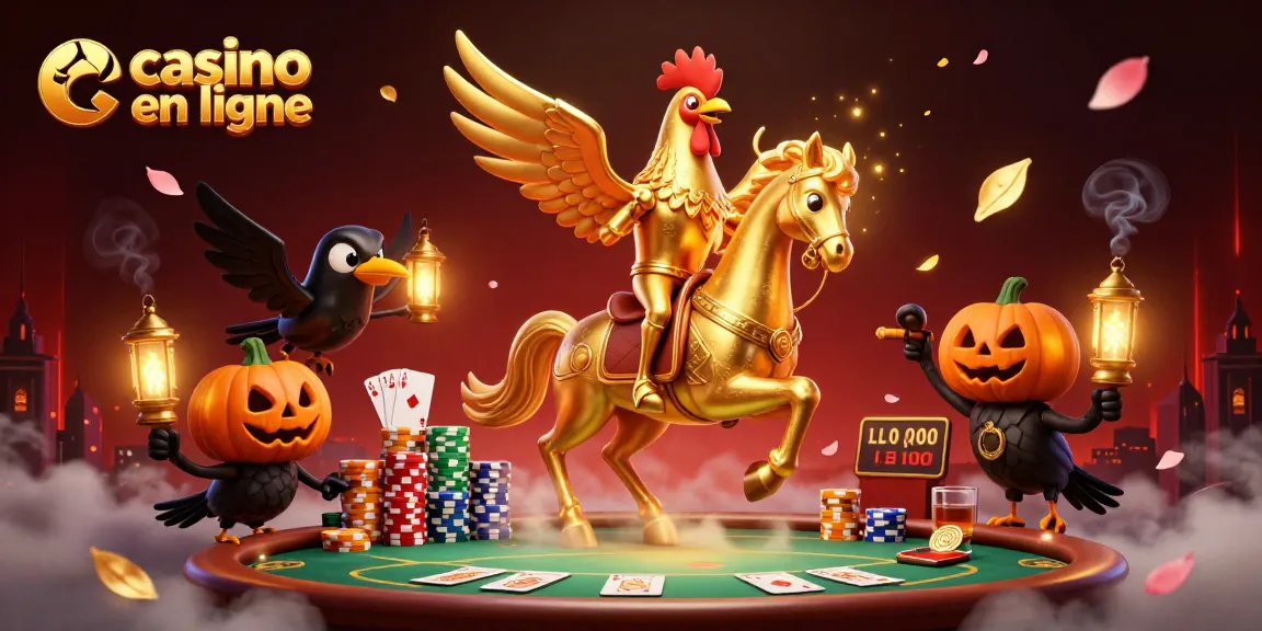Illustration dynamique d'un casino en ligne avec un coq doré et des jeux de cartes.