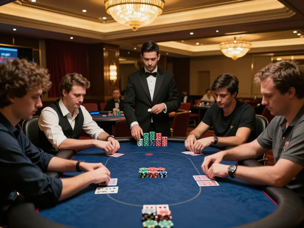 Players engaging in a professional poker game at a luxurious casino focusing on strategy and excitement at 789bet.