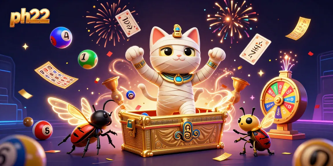 Experience thrilling games at ph22 with dynamic 3D casino illustration featuring festive elements.