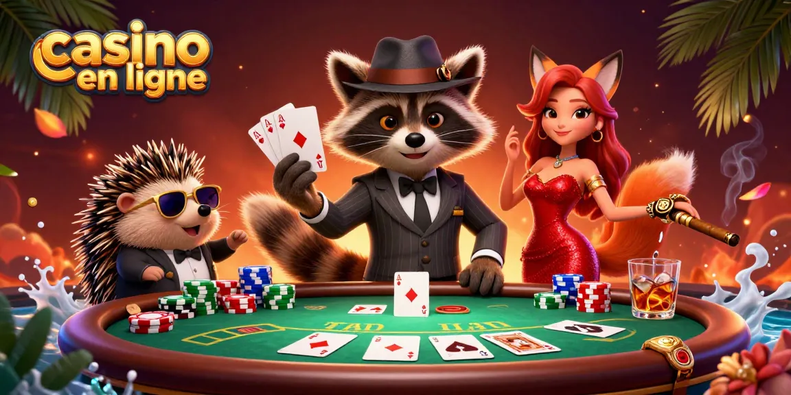 Une illustration de casino en ligne où un raton-laveur élégant montre un jeu gagnant à une table, entouré de dés et de jetons.