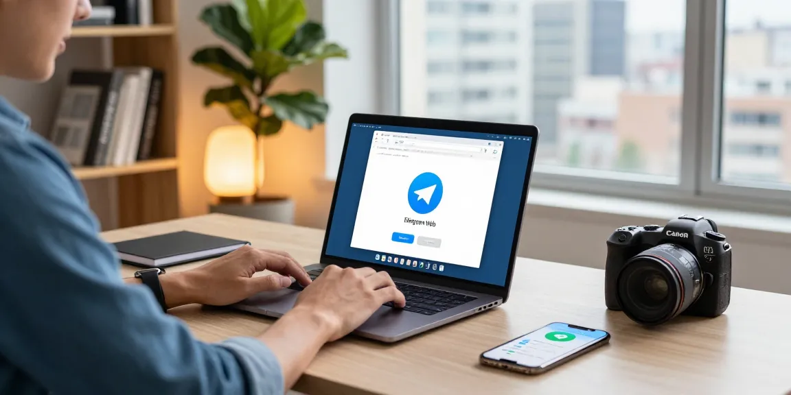 Using Telegram Web on a laptop in a modern tech workspace with gadgets and city view.