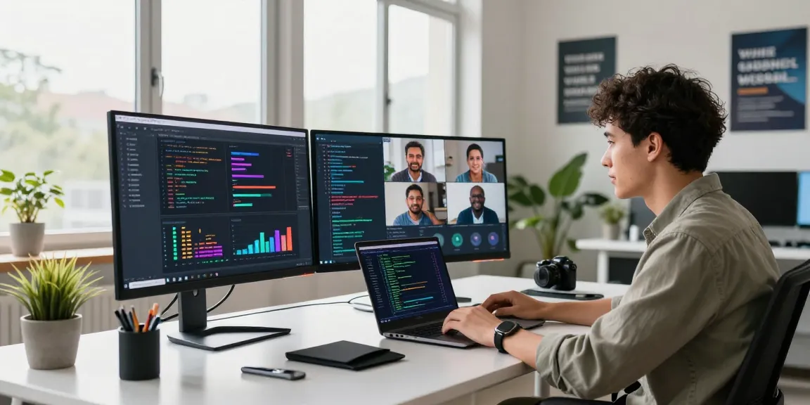 Software analyst at a multi-monitor setup analyzing data with sc88 tools for project collaboration.