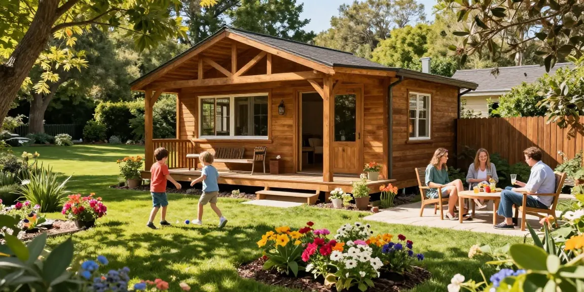 Stimmungsvolles Gartenhaus Holz umgeben von blühenden Pflanzen und spielenden Kindern.