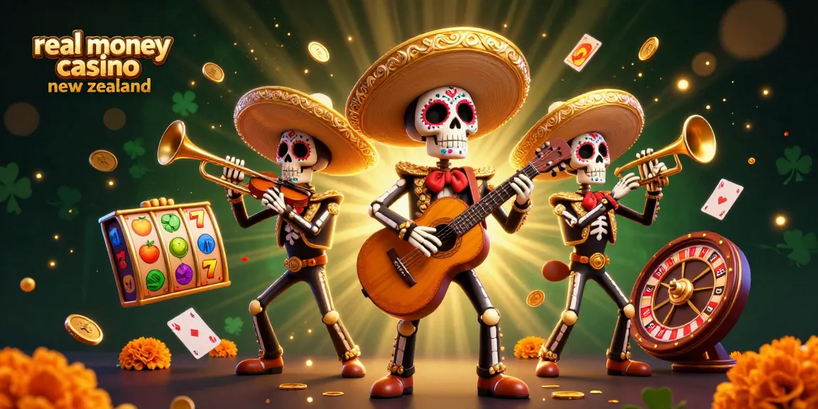 Experience the excitement at a real money casino in New Zealand featuring vibrant mariachi skeletons.