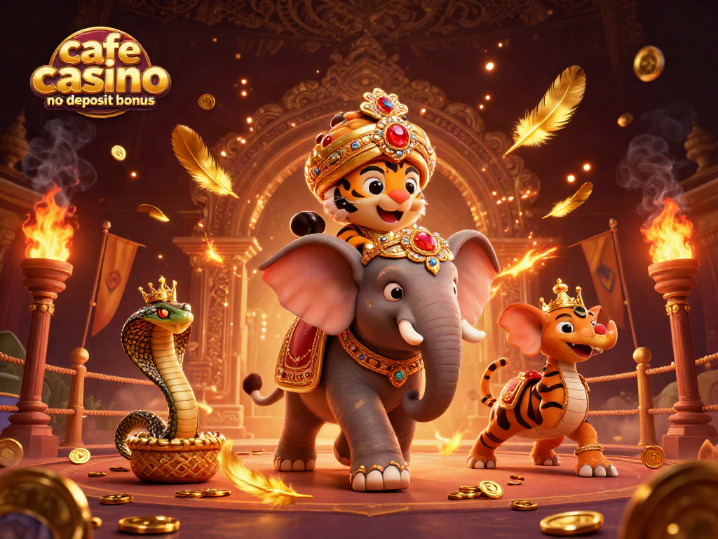 Cafe casino no deposit bonus offers exciting rewards with a lavish 3D illustration showcasing vibrant casino elements and characters.