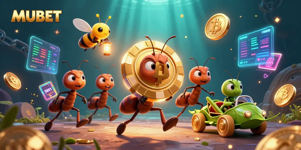 MUBET presents a heist scene of ants stealing a giant poker chip, symbolizing high stakes in gambling.