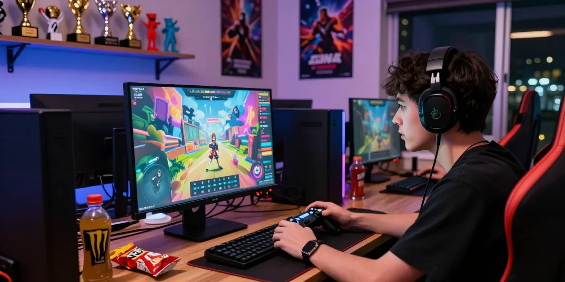 Pengguna diana4d dengan headset di lingkungan gaming online, fokus pada permainan dan suasana yang dinamis.