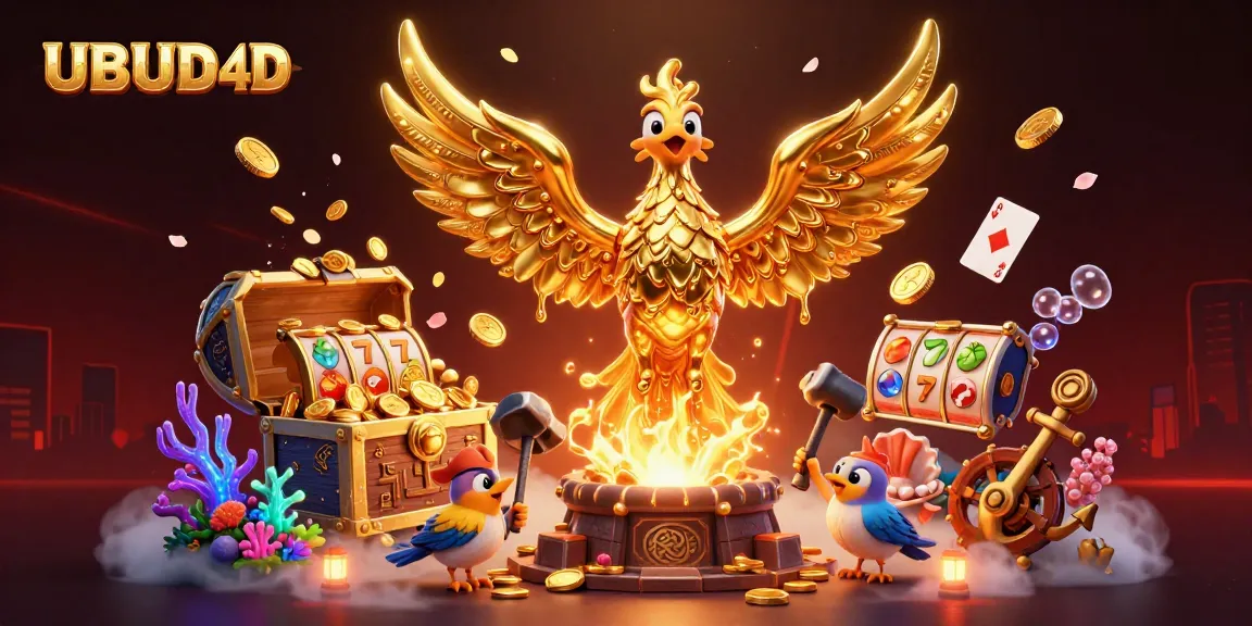 Win big with UBUD4D in this vibrant 3D illustration of online gambling excitement.