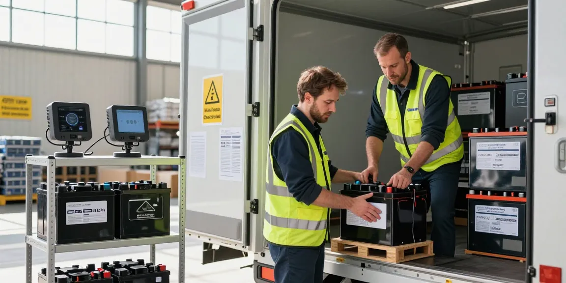 Batterie Transport von Dortmund: ADR-zertifizierter Fahrer lädt Lithium-Batterien in Transportfahrzeug mit Sicherheitsausrüstung.