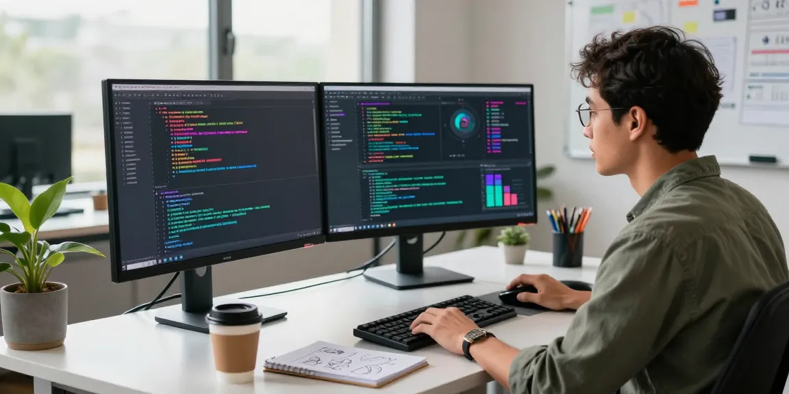 Innovative workspace at https://discover.awam.ac.id/ featuring a developer coding with dual monitors and creative elements.