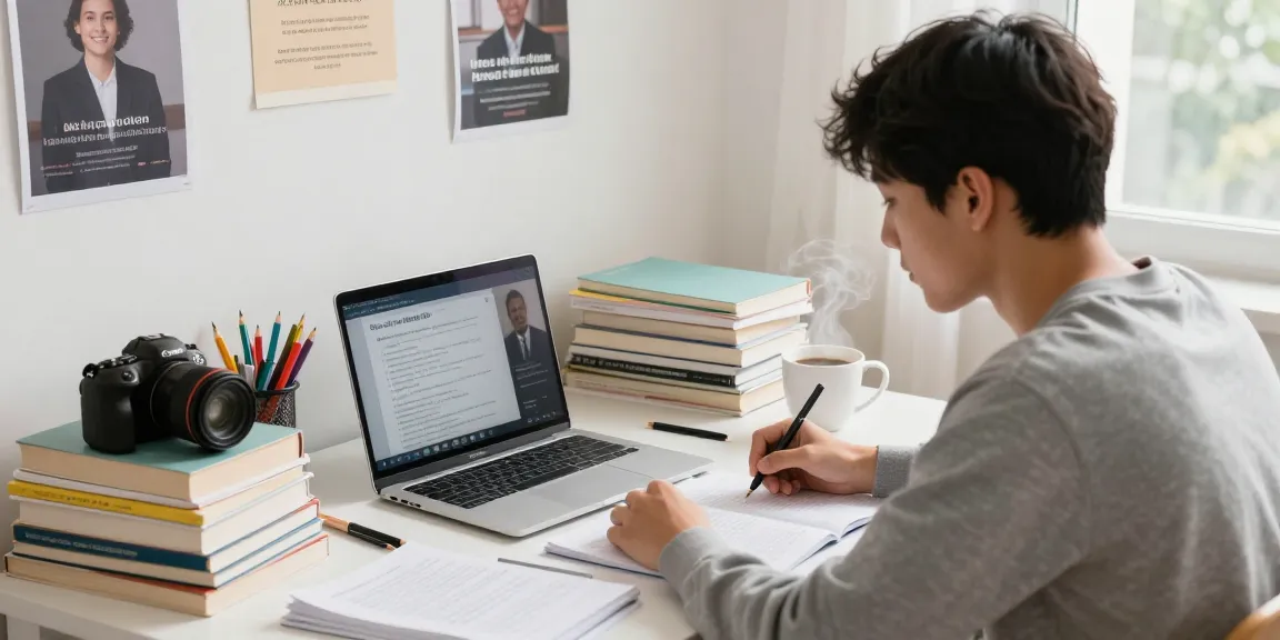 Student preparing for the 2026 ijmb expo, focused on studies with textbooks and laptop.