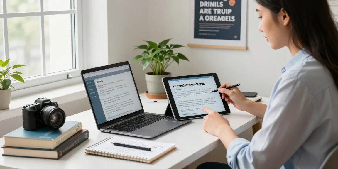 Self-employed professional in a home office reviewing client inquiries with a tablet and laptop.