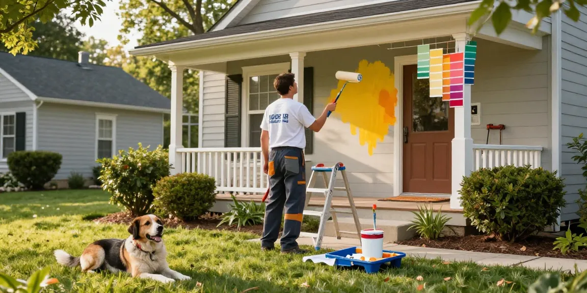 Painters in Columbus Ohio refreshing a suburban home's exterior with vibrant paint, showcasing a professional atmosphere and community engagement.