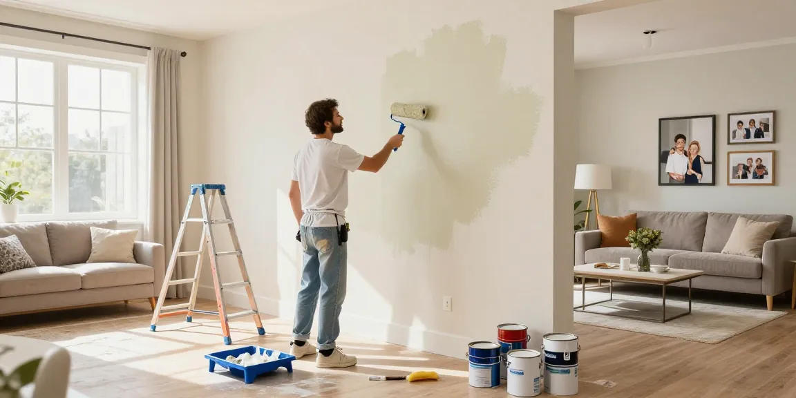 Painter applying fresh paint in a stylish living room, highlighting professional painting services.
