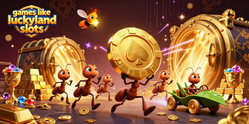 Discover games like LuckyLand Slots in a packed casino heist scene filled with excitement and treasure