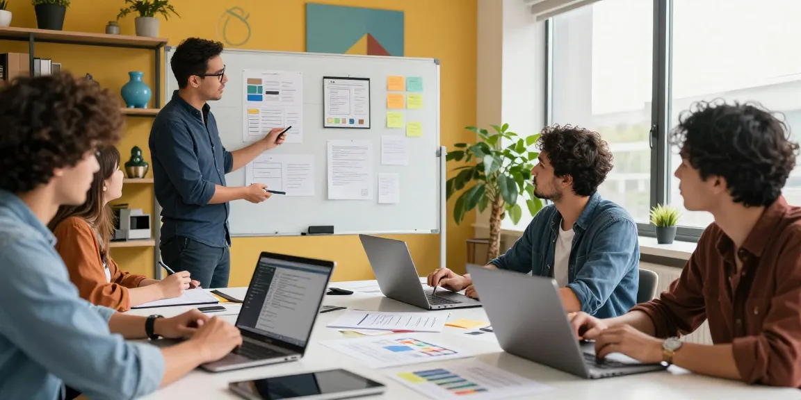 Mobile app development services team collaborating on user interface design in a vibrant workspace.