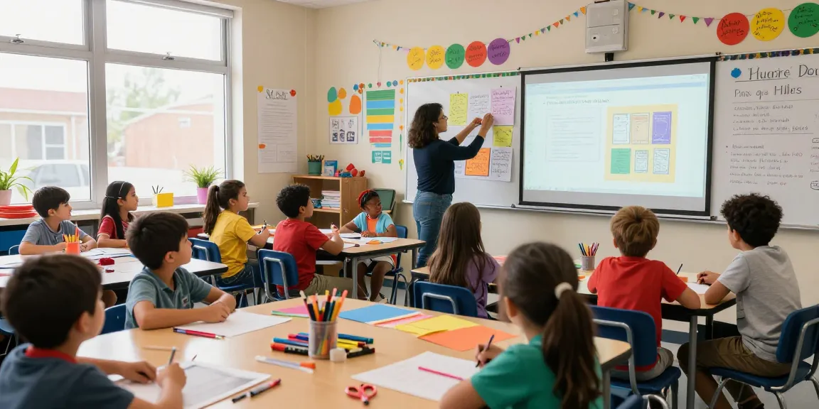 Engaging classroom with diverse students creating posters using Classroom Poster Makers, vibrant learning atmosphere.