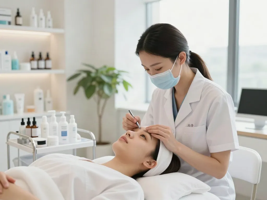 Augenringe entfernen Behandlung in einem modernen Schönheitssalon mit entspanntem Klienten und spezialisierten Produkten.