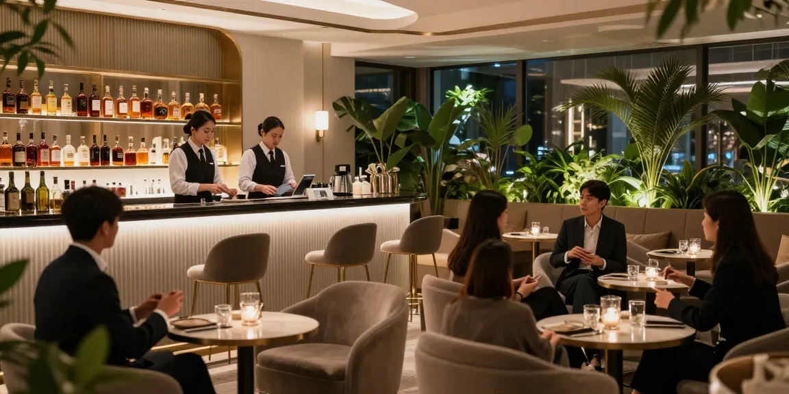 강남쩜오에서 고급스러운 VIP 라운지 장면, 프리미엄 서비스를 제공하는 전문 직원과 고객의 상호작용.
