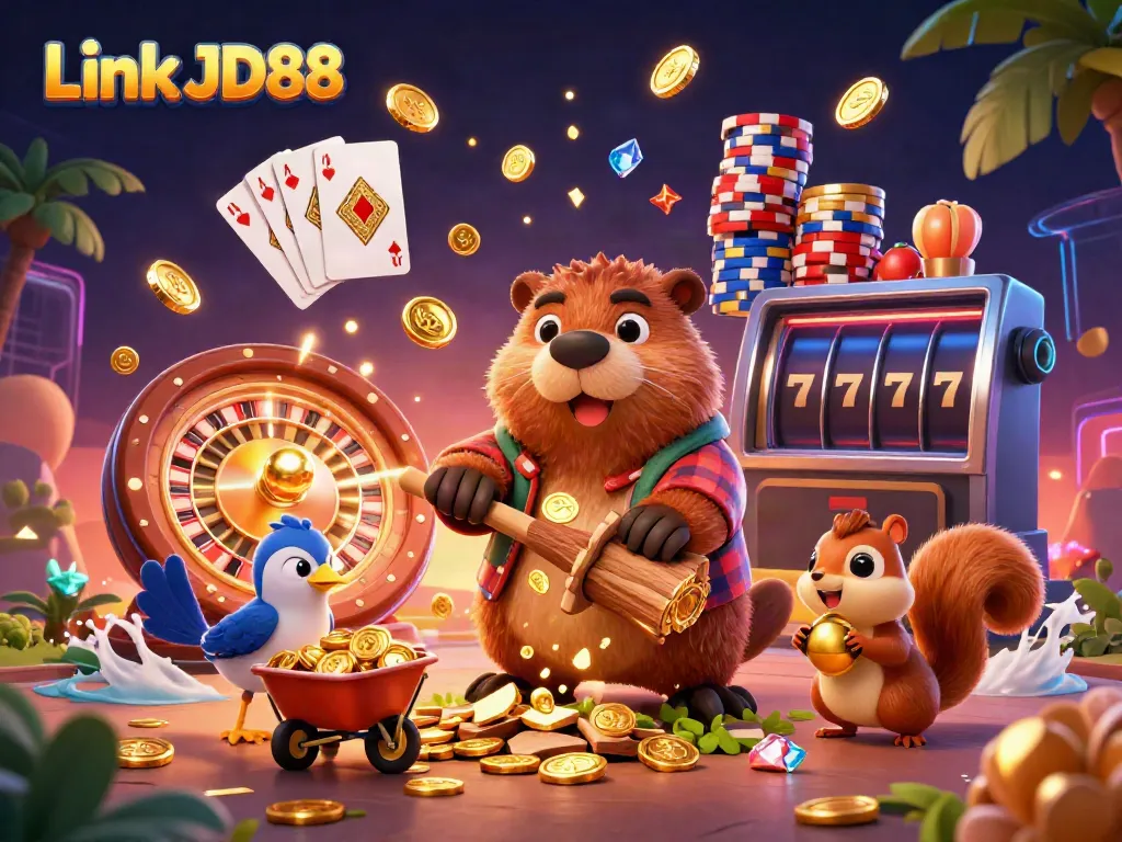Engage in thrilling gameplay with Link JD88 as golden coins fall amidst vibrant characters and casino elements.