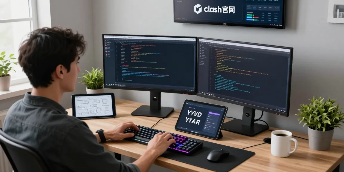 在clash官网的高科技工作室场景中，开发者专注于网络路由和YAML配置。