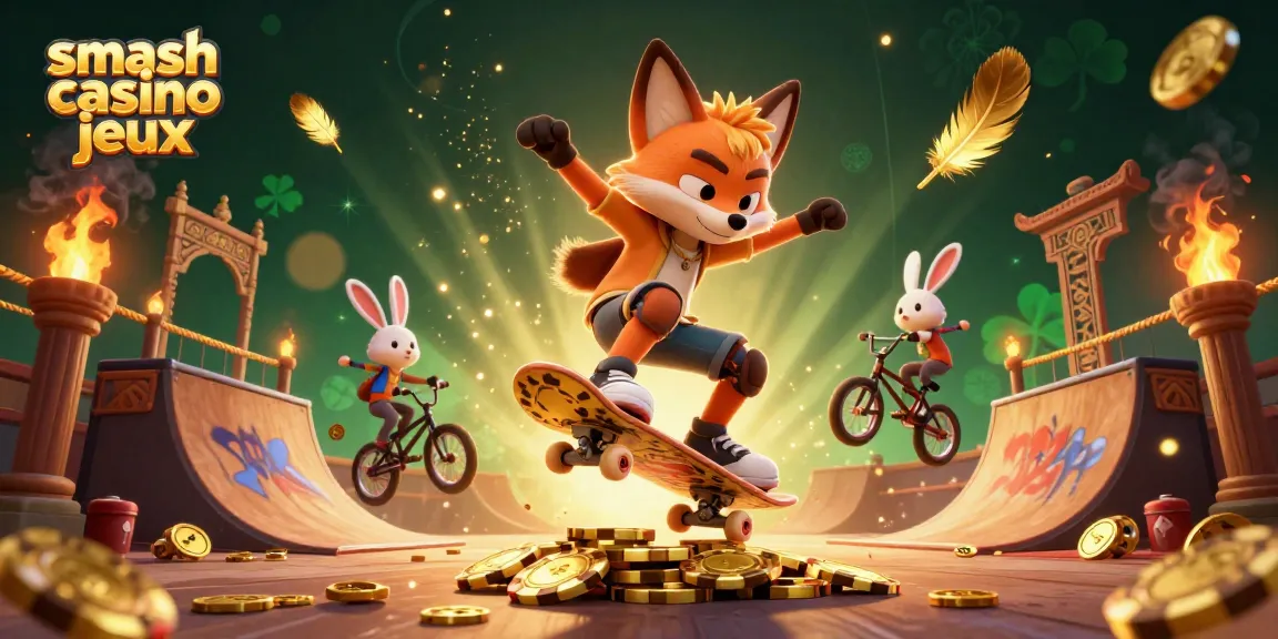 Vivez l'excitation des smash casino jeux avec un renard skateboard et un lapin BMX parmi des jetons d'or.