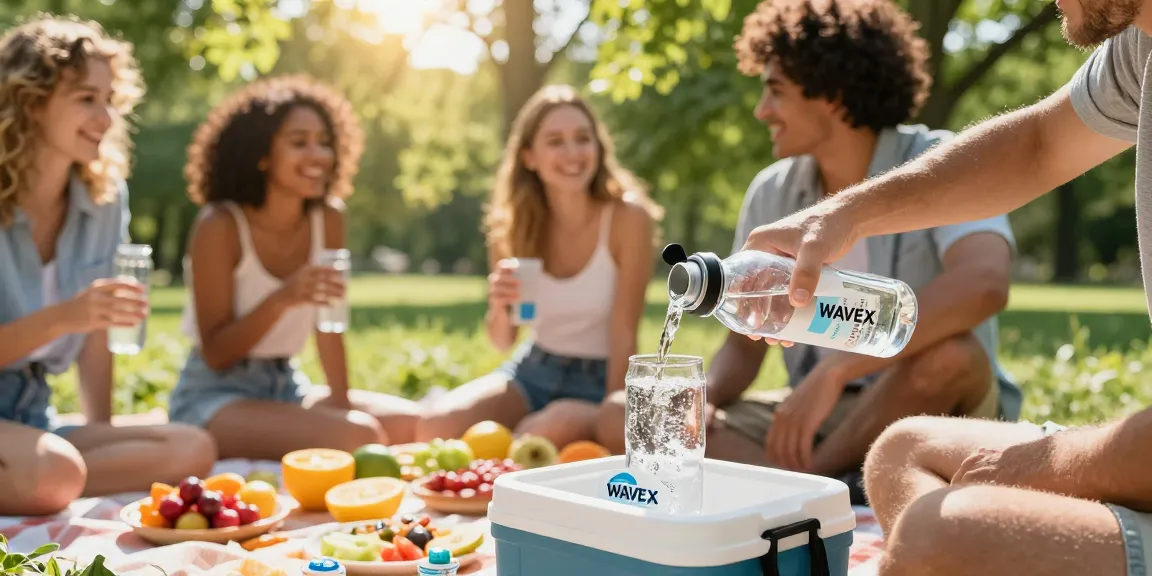 Friends enjoying flavored water without additives during a sunny picnic, featuring WAVEX water bottles and Scent Pods.
