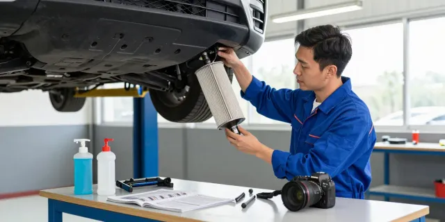 Mechaniker bei der DPF-Reinigung in einer professionellen Garage mit Werkzeugen und Reinigungslösungen.
