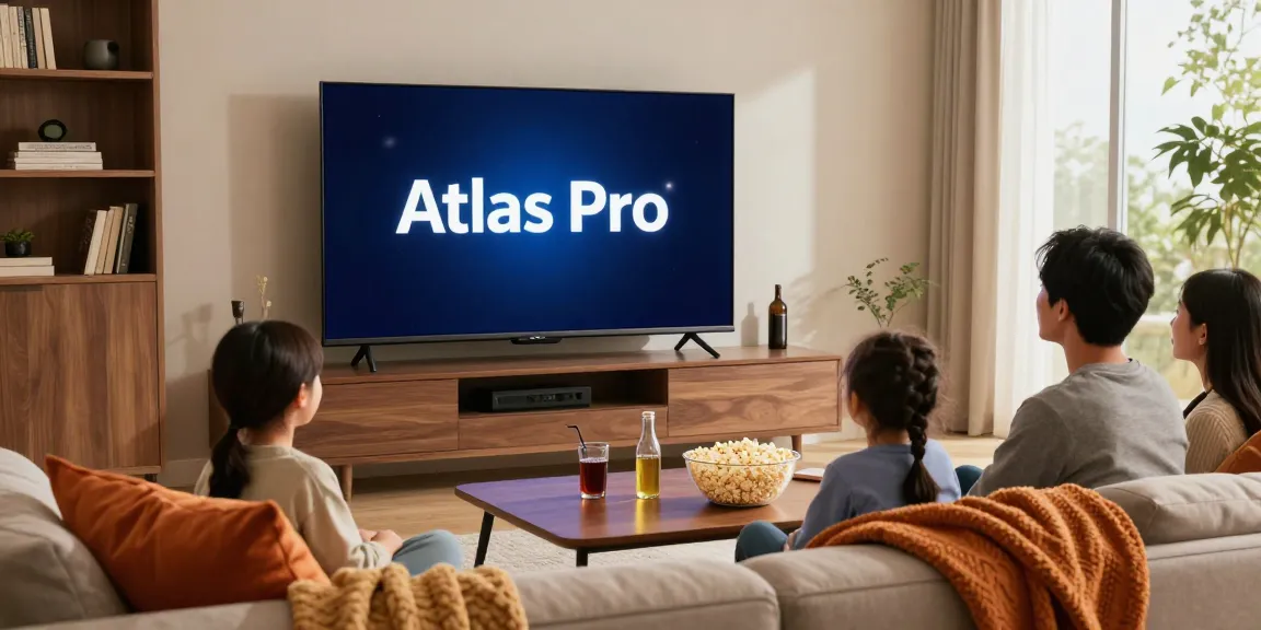 Family enjoying Atlas Pro IPTV in a cozy living room during movie night.