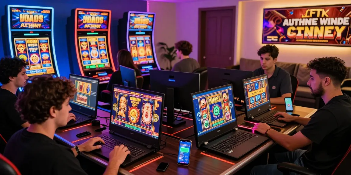 situs depo 5k online gambling experience with diverse players engaging on laptops in a vibrant digital casino environment
