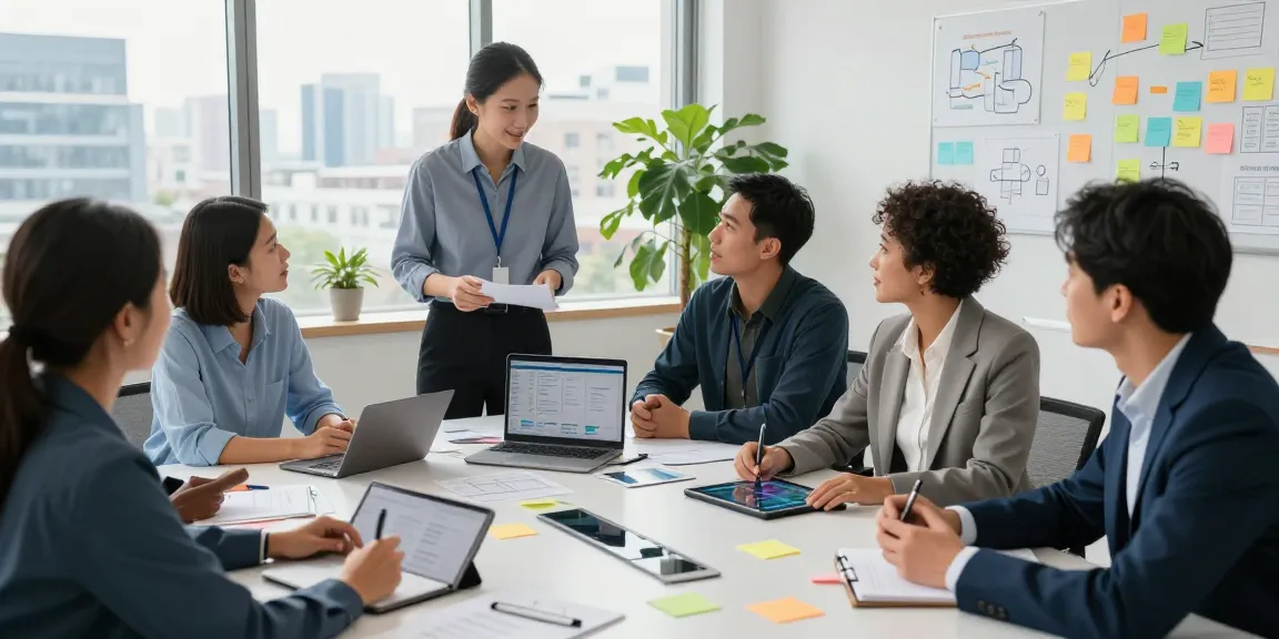 Team collaborating on AI content generation strategies in a modern office, showcasing innovative ideas and technology.