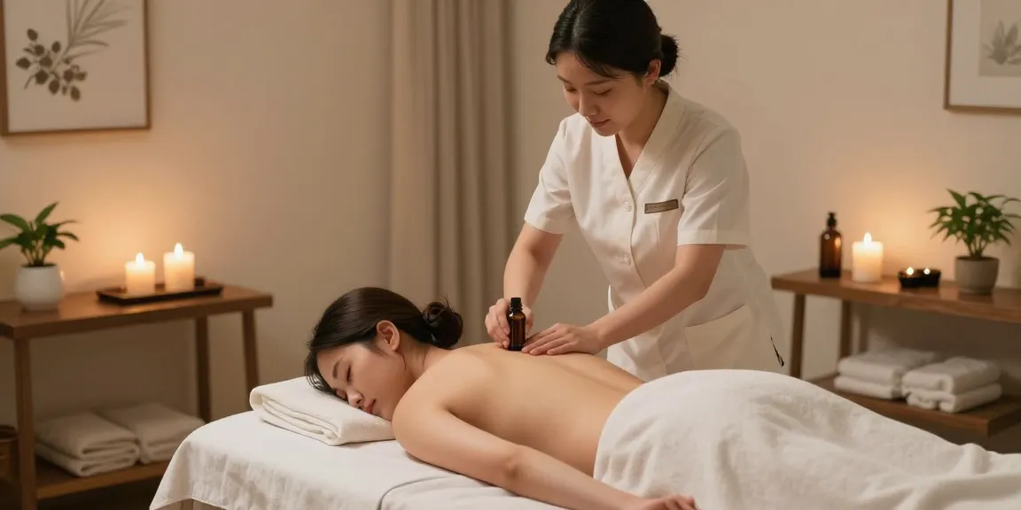 강남마사지에서 편안히 마사지를 받는 모습과 아로마 테라피 환경