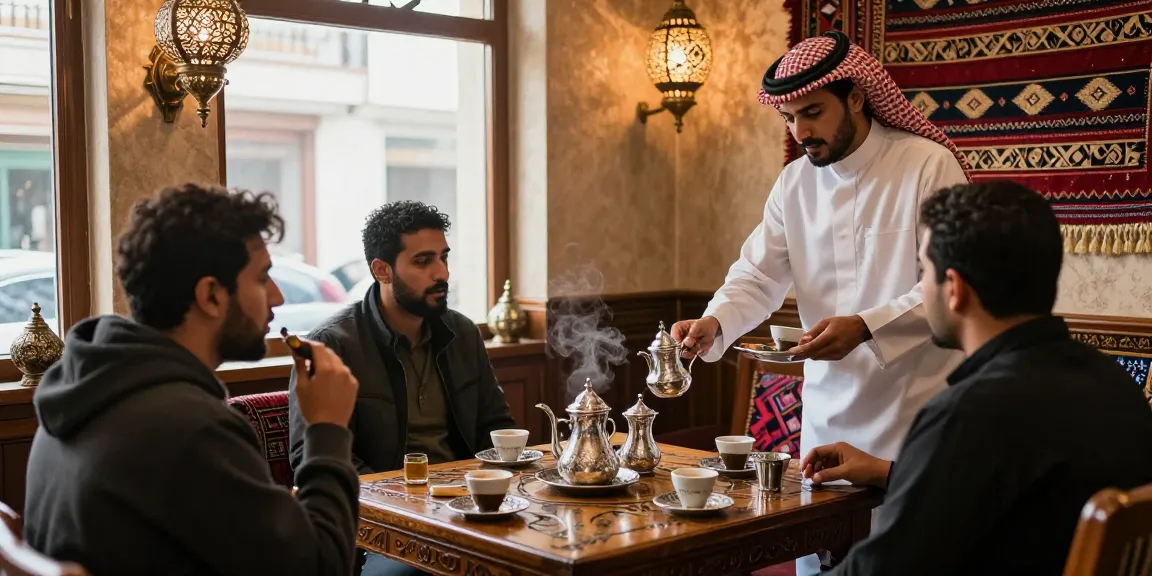 قهوجيين وصبابين يقدمون القهوة في مقهى تقليدي بجو دافئ
