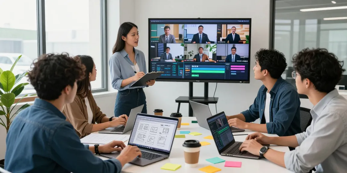 Engaging team collaborating on Singapore Corporate Video Production in a modern studio setting with storyboarding and editing tools.