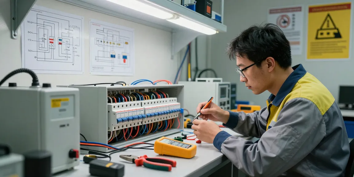 Technician inspecting miniature circuit breaker products in an industrial workspace.