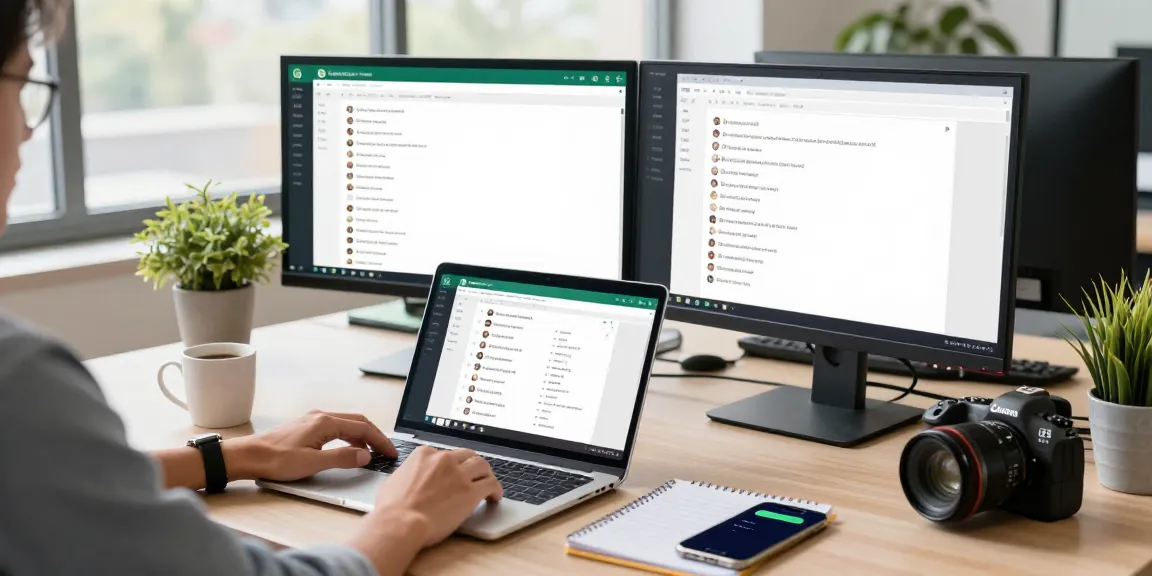 Using WhatsApp網頁版 on a laptop in a modern office setup with chat windows open.