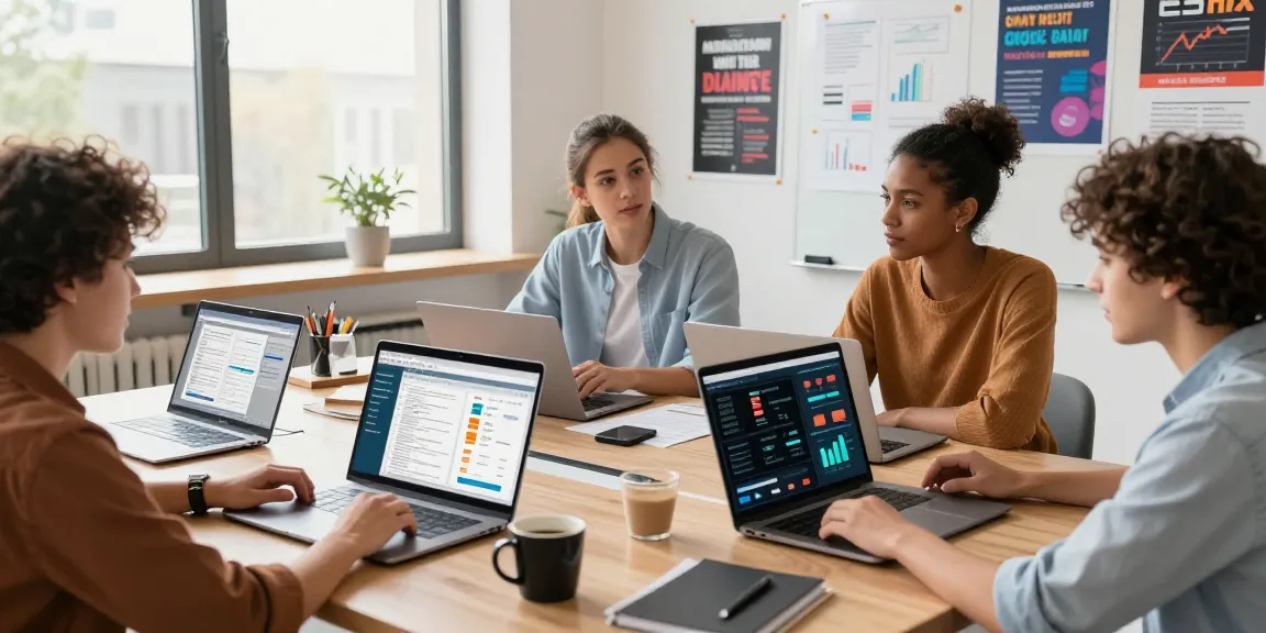 Interactive data-driven marketing training session with diverse students analyzing analytics dashboards and collaborating in a modern workspace.