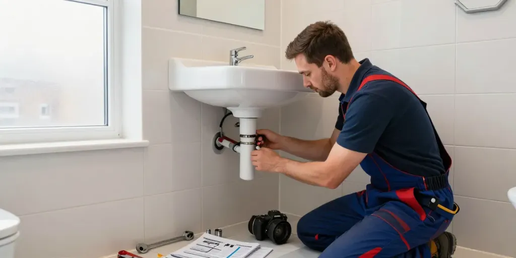 Expert plumber london installing new fixtures in a modern bathroom with professional tools and bright lighting.
