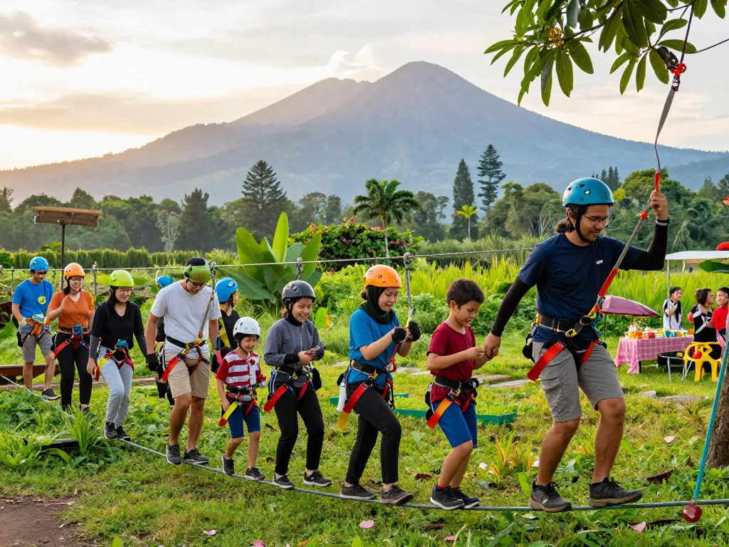 Group enjoying an outbound jogja adventure with team-building activities amidst lush nature and mountains.