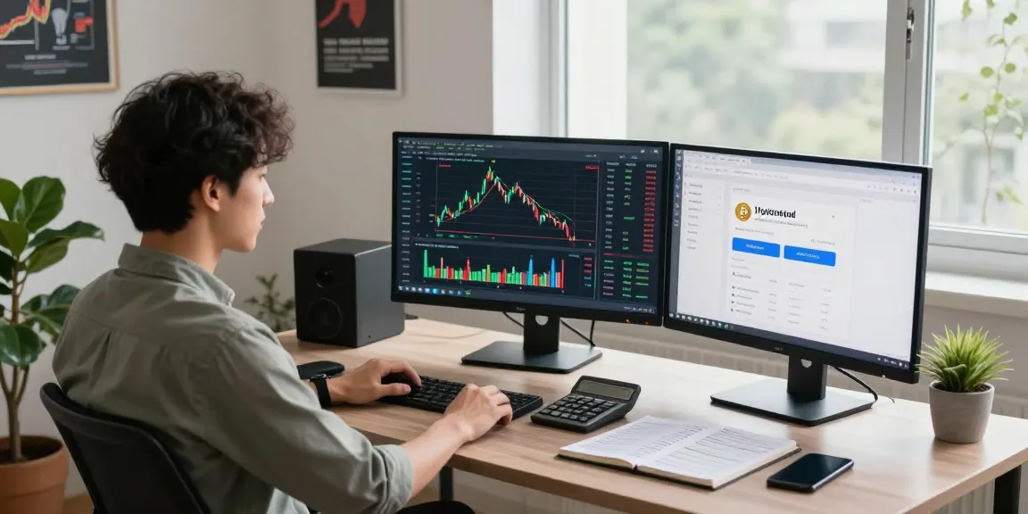 Cryptocurrency trading workspace showcasing Hyperliquid referral code (8000USDT) on monitors, charts, and strategies in a modern home office.