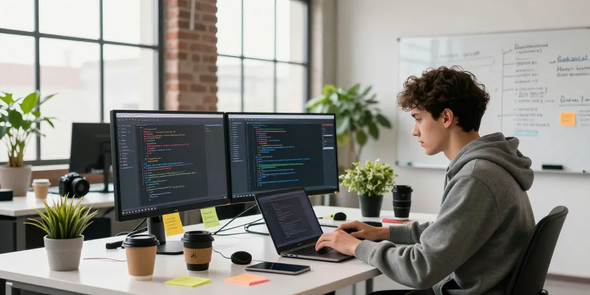 Software engineer coding NAGA2000 software in a modern office setting with dual monitors and creative workspace.