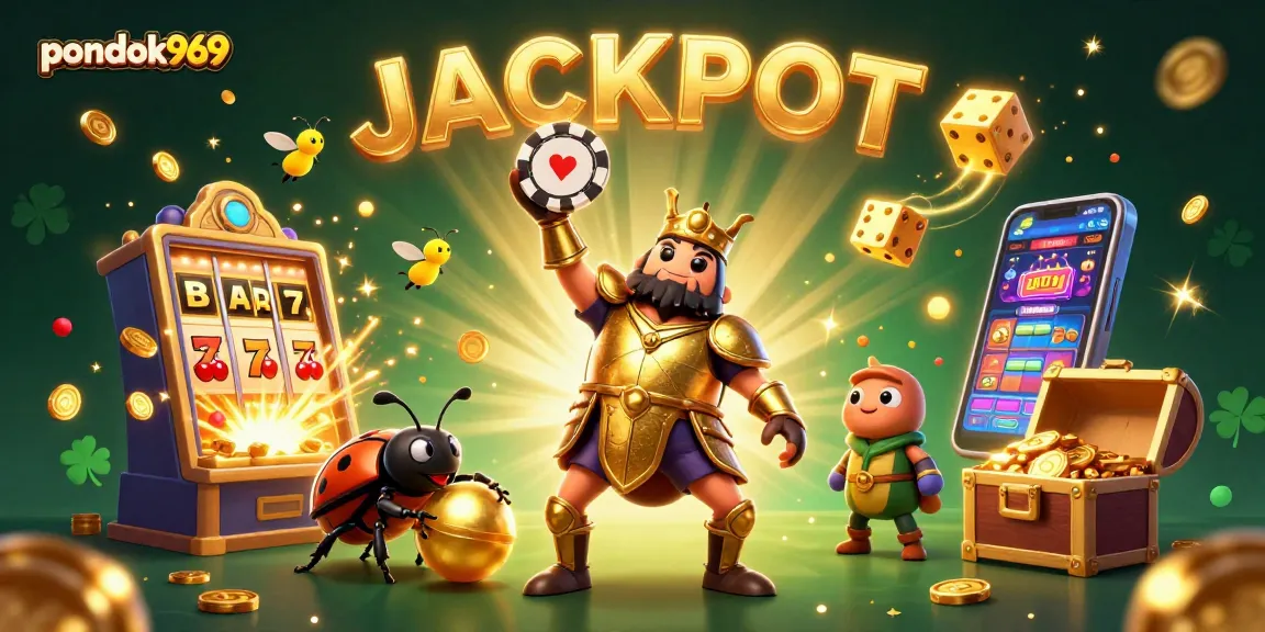 Experience the excitement of pondok969 as characters celebrate jackpots amidst colorful casino elements.