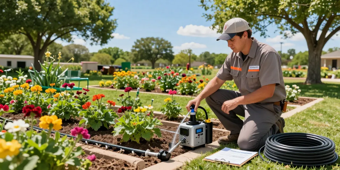 Professional Irrigation Services in Euless, TX - technician inspecting a lush garden with a drip irrigation system in bright outdoor setting.